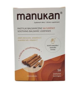 Manukan CYNAMONOWY tabletki na gardło z miodem Manuka 280mg 16tabl do ssania